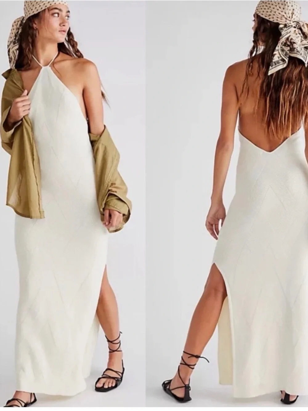 Free People Cream Halter Knit Maxi Dress